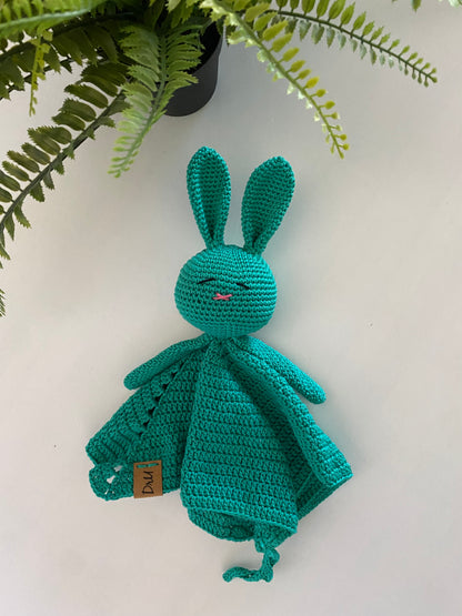Knuffeldoekje konijn met speenkoord blauwgroen