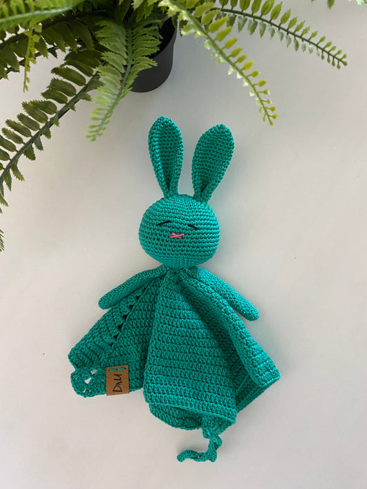 Knuffeldoekje konijn met speenkoord blauwgroen