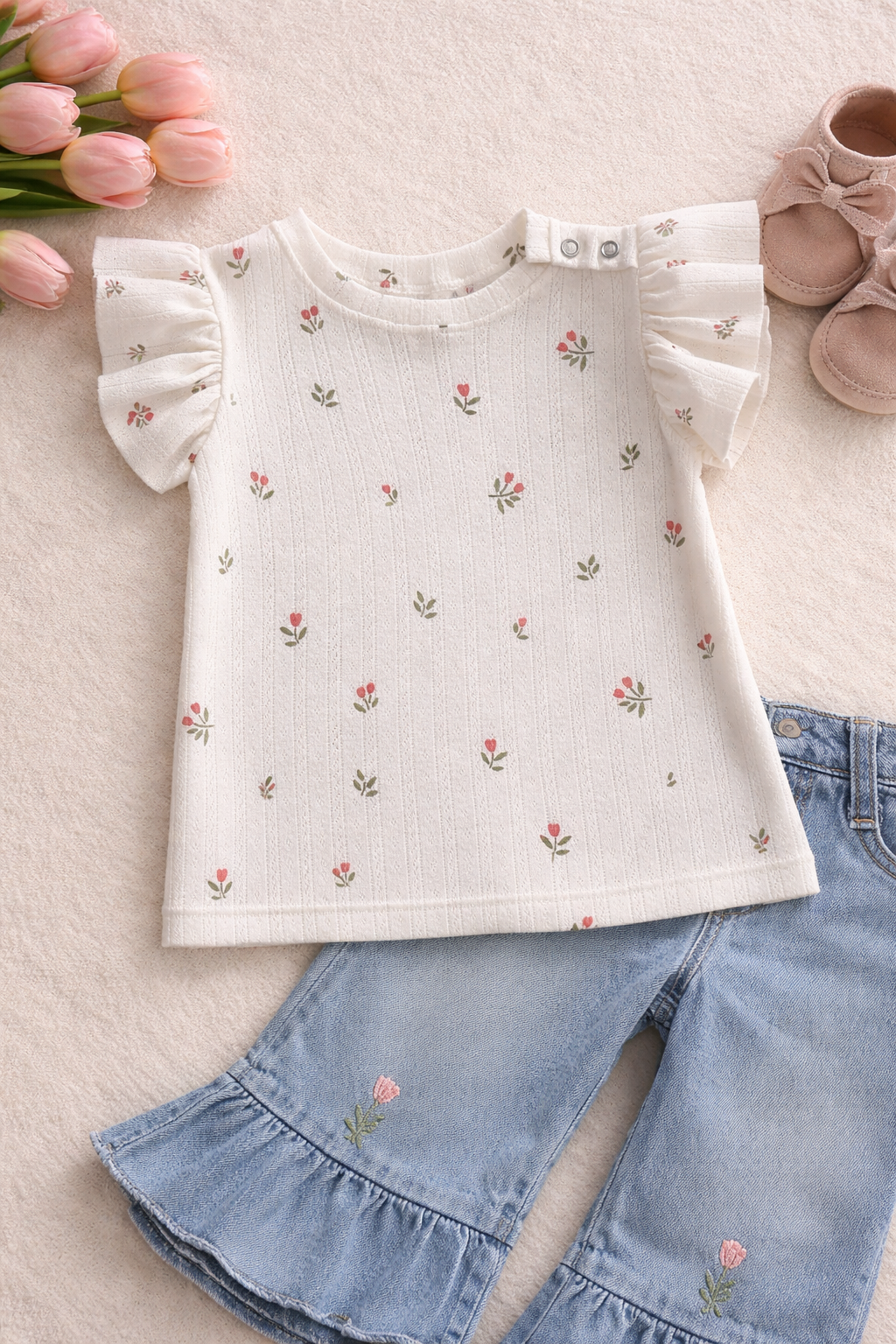 Ruffle t-shirt roze tulpjes