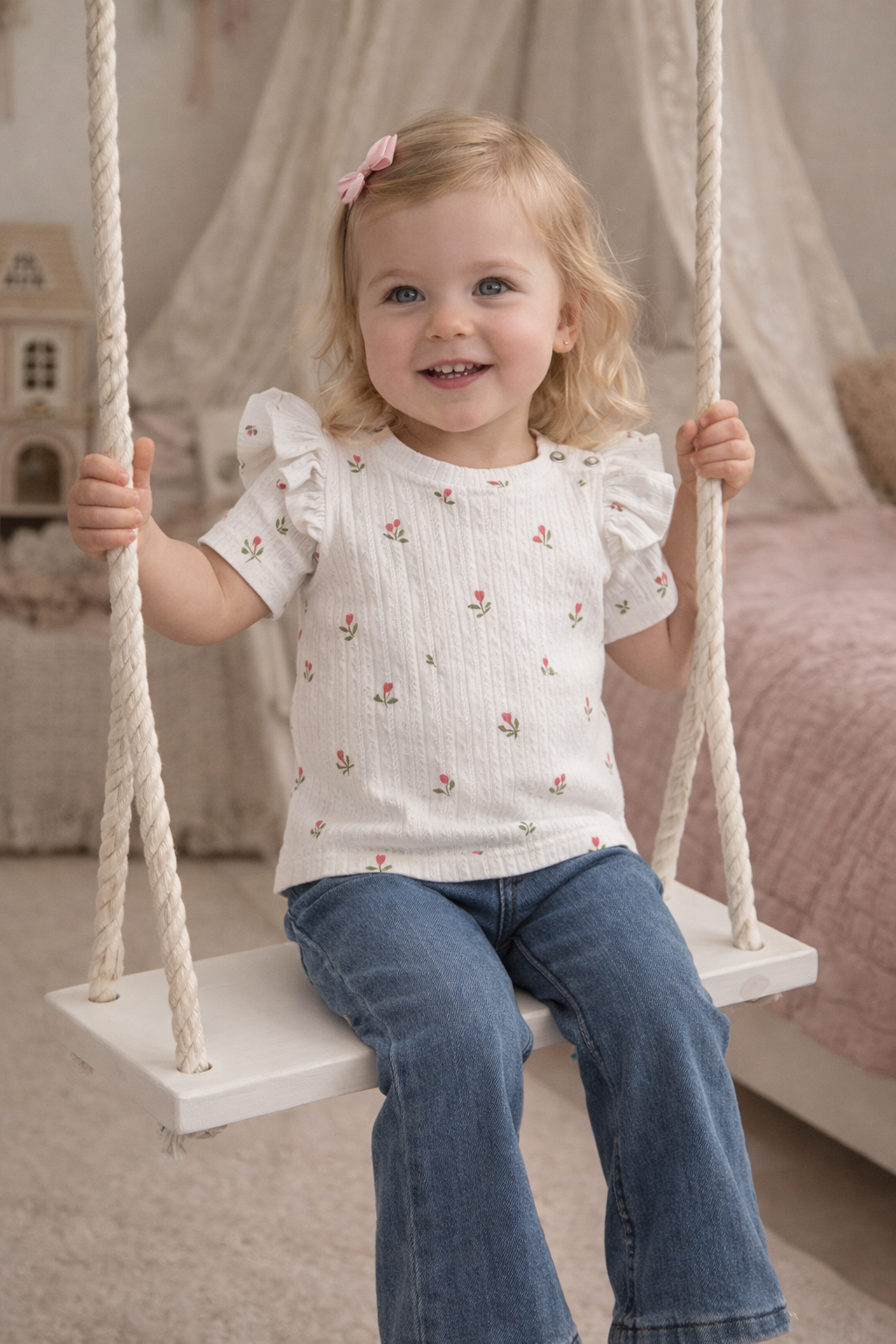 Ruffle t-shirt roze tulpjes